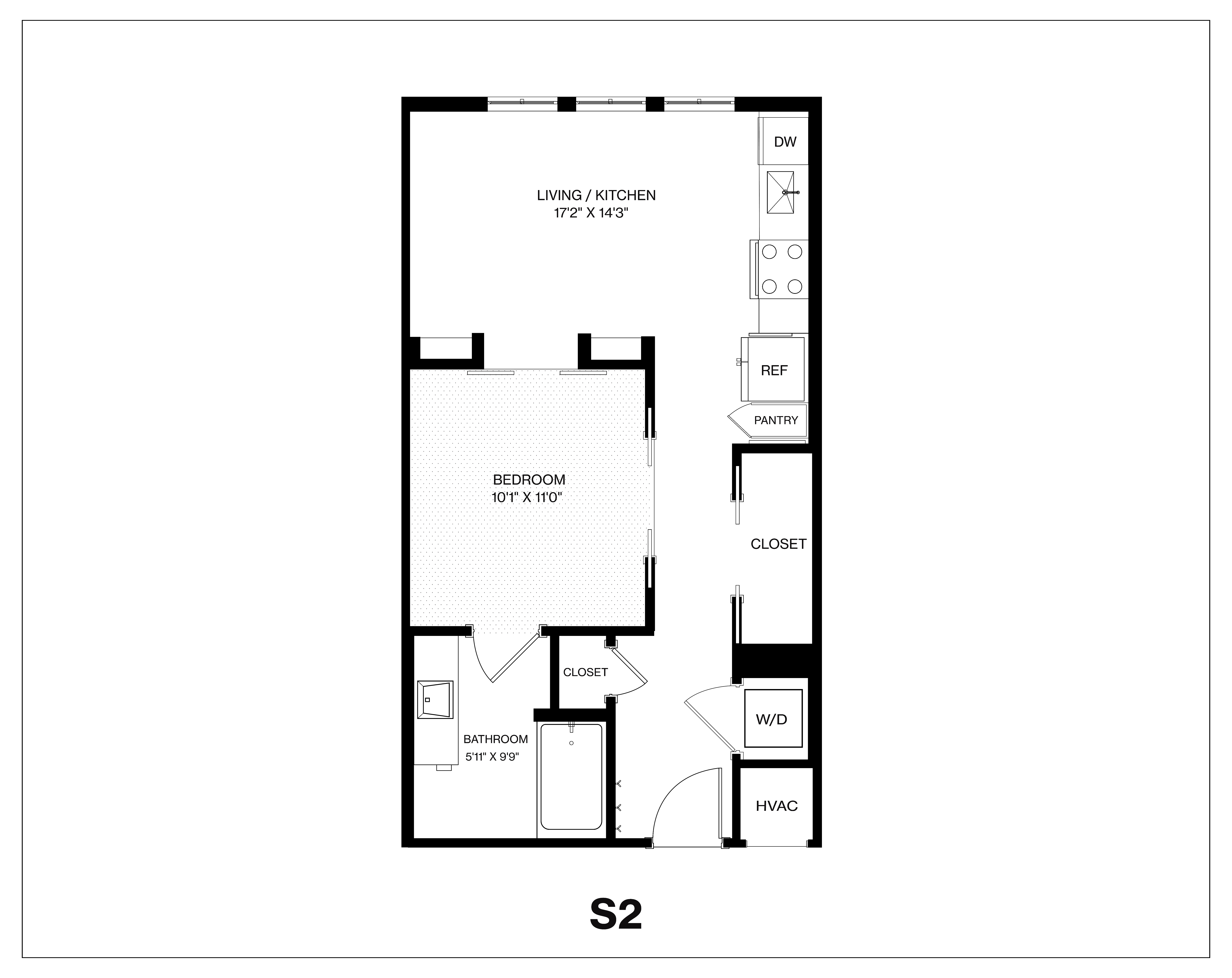 Floor plan for 1 bed, 1 bath, 576 sqft